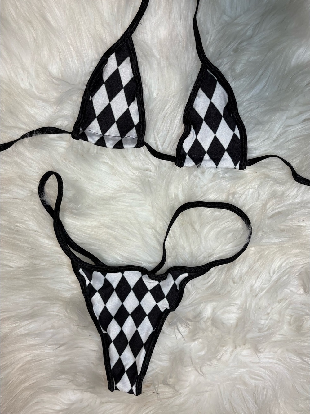 Exotic Dancewear: Black & White Diamond Micro Triangle Bikini Set